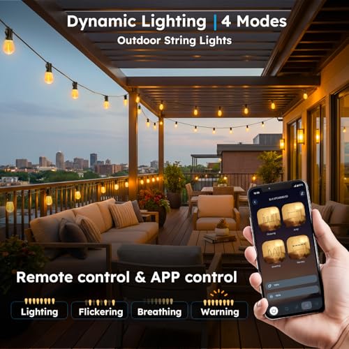 GvvooHome 200FT S11 LED Outdoor String Lights with App & Remote, Low-Voltage Patio Lights with Music Sync, 4 Lighting Modes, Dimmable, Waterproof LED Outdoor Lights for Backyard, Porch, Deck, Garden - size: 200FT-APP
