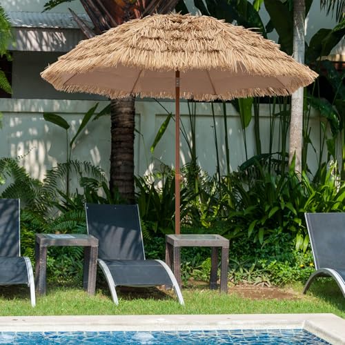 Tangkula 7.2Ft Tiki Patio Umbrella, Hawaiian Style Outdoor PE Grass Umbrella with Tilt Adjustment, 8 Ribs, Portable Thatched Beach Umbrella for Garden, Yard, Poolside - color: Natural, size: 7.2Ft
