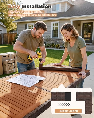 Flamaker 9 Piece Patio Dining Set Outdoor Acacia Wood Table and Chairs with Soft Cushions Wicker Patio Furniture for Deck, Backyard, Garden (Brown) - color: Brown, size: 9 Piece
