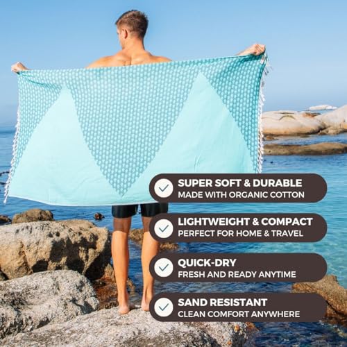 FESHKA Sand Proof Turkish Beach Towel – Oversized, Quick Dry & Lightweight Travel Towel - 100% Organic Cotton Beach Blanket - Perfect for Bath, Pool & Picnic | Big Fish (Teal/Turquoise) - color: 29 - Teal/Turquoise