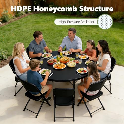 60" Folding Round Table, Plastic Dinner Table, Portable Folding Banquet Table for Living Room, Party or Outdoor Event, Black - color: Black, size: 60"