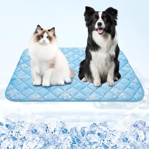 Homimp Dog Cooling Mat,27.5" x 38.5" Thicken Self-Cooling Mat for Dog Large,Internal Waterproof& Endothermic,Washable Pet Ice Cool Pad Blanket,Pet Sleeping Pad for Indoor Outdoor in Summer, Non-Toxic - color: Sky Blue Paw, size: Large 27.5IN x 38.5IN