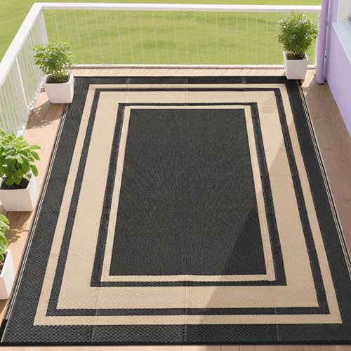 RURALITY Outdoor Rugs 6x9 Waterproof for Patios Clearance,Plastic Straw Mats for Backyard,Porch,Deck,Balcony,Reversible,Black and Beige - color: Panel-black&beige, size: 6' x 9' (Rectangular)