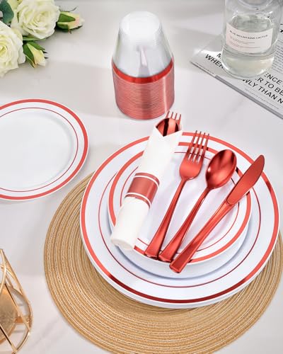 Goodluck 350 Piece Red Plastic Dinnerware Set for 50 Guests, Fancy Disposable Plates for Party, Include: 50 Dinner Plates, 50 Dessert Plates, 50 Pre Rolled Napkins with Silverware, 50 Cups - color: White Red, style: 350 Piece (50 guests)
