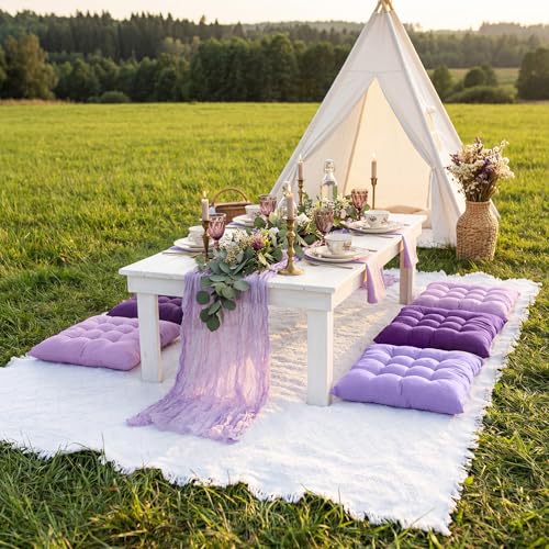 Extra Large Outdoor Picnic Blanket with Table Runner and Floor Pillow Cushion for Picnic Wedding Birthday Baby Shower Backyard(91 x 71'',Purple,6-Person) - color: Purple