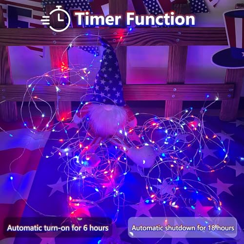4 Pack Red White and Blue Fairy Lights Battery Operated with Remote, 33FT Waterproof 100 LED Patriotic String Lights with Timer & 8 Modes Outdoor Indoor for Independence Day 4th of July Decorations - color: Red Blue White, size: 4 Pack