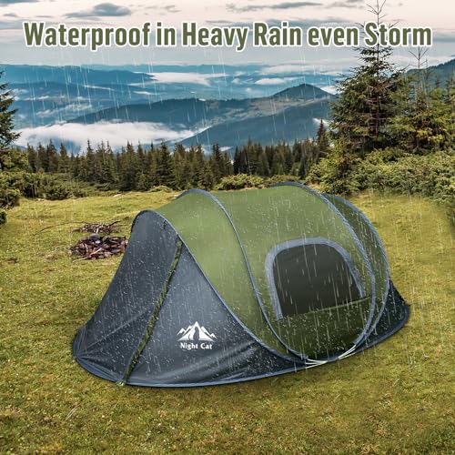 Night Cat Pop-up Camping Tent: 2 Person Tent Waterproof Instant Easy Setup Family Tent - color: Dark Green, size: 3-4 Persons (11.8x7.5x4.3 ft)