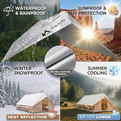 SENLEETO 10' x 8' Camping Tent Tarp Fits for 6/8 People, 4 Season UV Protection,PU 3000mm Waterproof, Multifunctional Ultralight Shelter Awning Sunshade, Portable for Traveling Hiking Outdoors - color: Beige, size: 10' x 8'