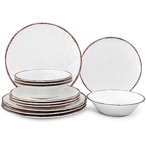 LEHAHA Farmhouse White Melamine Plates and Bowls Set, White dishes Rustic Farmhouse Dinnerware Set, Lightweight Melamine Dishes Set for 4, Perfect for RV, Camper, Dishwasher Safe - color: Soft White