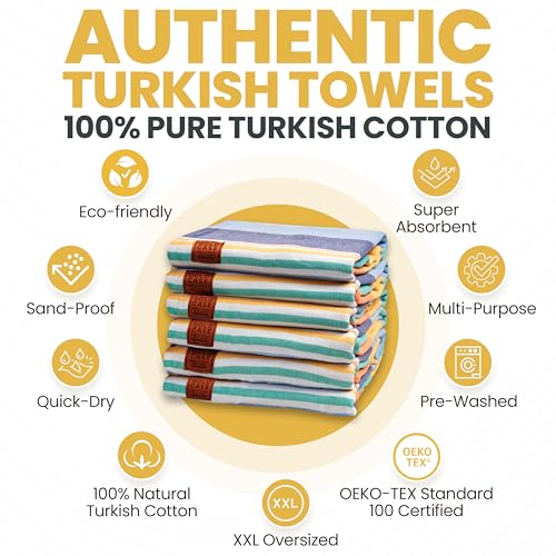 Gold CASE Turkish Beach Towel Set of 6 – 100% Cotton Large Bath Towels 70 x 38'' – OLYMPOS Oversized, Quick Dry & Sand Free Beach Towel – Lightweight Turkish Towels Set - Multicolor-1 - color: Olympos-multicolor-1, style: Beach-Bath Towel Set