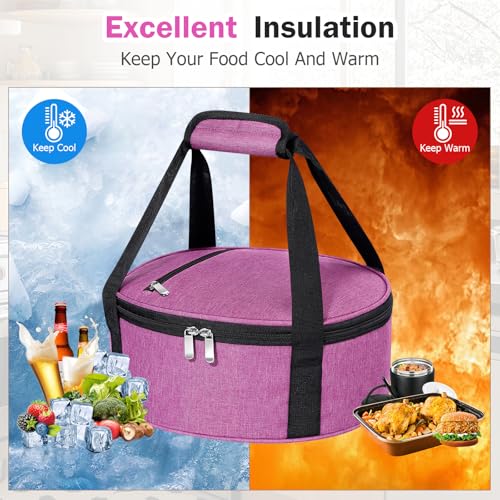 Round Insulated Casserole Carrier – 12" Portable Pie Carrier Bag for Hot or Cold Food, Leakproof Thermal Lunch Tote with Handle for Parties Picnic & Travel - Rose Red - color: Pink, size: Single