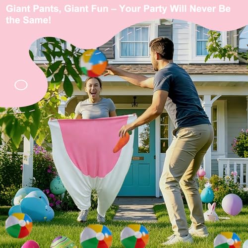 UATKIMI 11Pcs Easter Game Set for Adults Family, 1 Bunny Granny Pants Tossing Game, 4 Inflatable Balls, 1 Inflatable Rabbit Ears with 4 Rings and 1 Pump for Group Gatherings, Easter Party Favors Gift