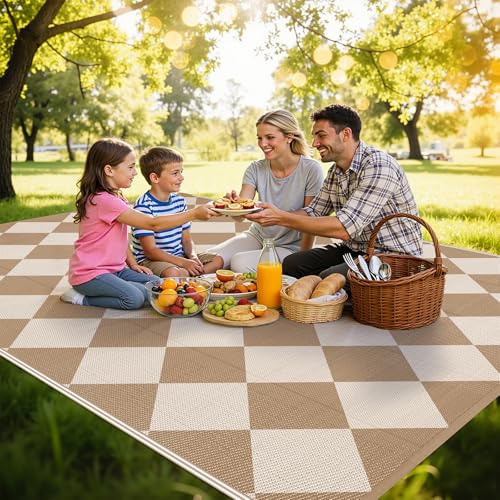 HEBE Checkered Outdoor Rug Waterproof 8x10, Reversible Plastic Straw Rug RV Camping Rug, Indoor Outdoor Patio Mat Clearance, Outside Carpet for Porch,Deck,Camper,Balcony,Backyard,Picnic - color: Beige/Brown, size: 8' x 10' (Rectangular)