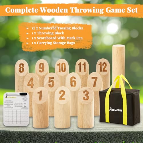 Aivalas Wooden Tossing Game Set, 12PCS Numbered Block Toss Games with Scoreboard & Carrying Case, Outdoor Lawn Backyard Beach Game, Gift for Toss Party Group