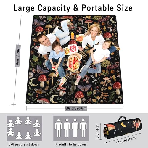 Supfitness Extra Large Picnic Blankets Waterproof Foldable (60"x 80") Mushroom Beach Blanket Waterproof Sandproof,3-Layer Thicking Mat Outdoor Packable Camping Blanket - color: Black-2, size: 5' x 6'8" (Rectangular)