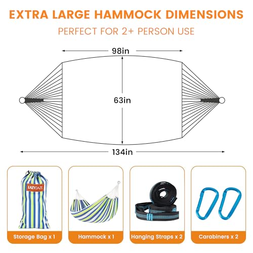 Lazy Daze Hammocks Double Brazilian Cotton Hammock, Extra Large Portable Outdoor Camping Hammock with Tree Straps & Travel Bag for Backyard Patio Poolside Indoor, 550lbs Capacity, Blue & Light Green - color: Blue & Light Green