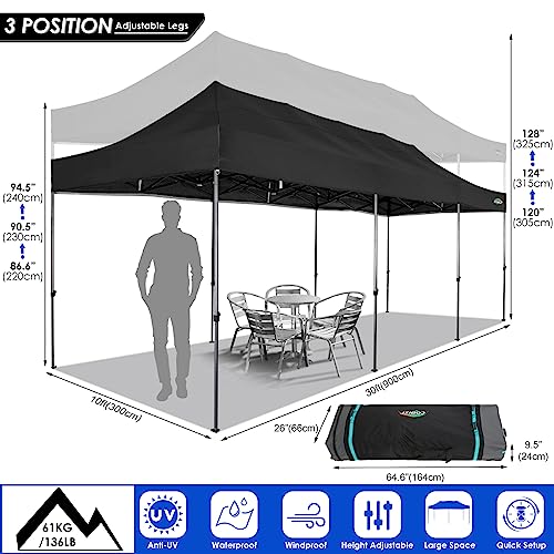 COBIZI 10x30 Heavy Duty Pop up Canopy Party Tent for Parties Weddings Events UPF 50+ Waterproof Commercial Gazebo with Roller Bag, Black(Frame Thickened) - color: Black, size: 10x30 Without Sidewall