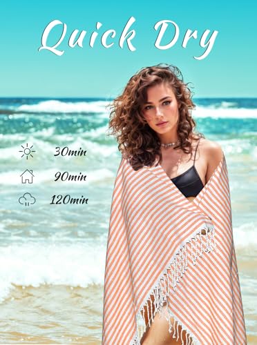 cabanana Turkish Beach Towel Oversized - 40"x70" Quick Dry Sand Free Thin Beach Towels for Adults,Extra Large Cotton Lightweigh Travel Towel for Beach Accessories (Orange) - color: Stripe Orange