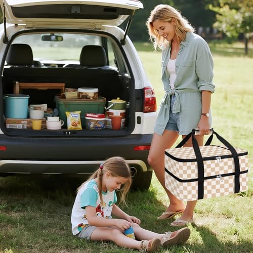 Coobiiya Insulated Casserole Carrier,Lasagna Lugger Tote Keeps Food Hot or Cold,Thermal Lunch Bag Warmer & Cooler Carrier Bag,Portable Tote Bag Fits 9" x 13" Baking Dish for Picnic and Cookout - color: Beige Grid, size: Double Layer: 15.75 × 11.8 × 7.87 i