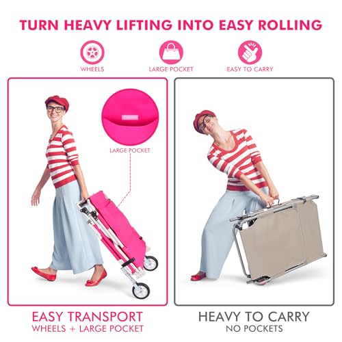 Wheel-To-Go Oversized Tanning Chair with Face Hole & Wheels | Portable Heavy Duty Folding Lounge Chair | Outside Sunbathing Reading Relaxing Beach Poolside | XL Wide | 330 LBS Pink (Patent Design) - color: Pink, style: Oversized + Sun Canopy Style