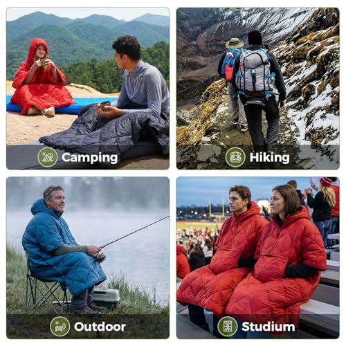 ATEPA Wearable Sleeping Bag, Recycled Water-Resistant Camping Blanket Poncho, Ultralight Packable Stadium Blanket for Outdoor - color: Black