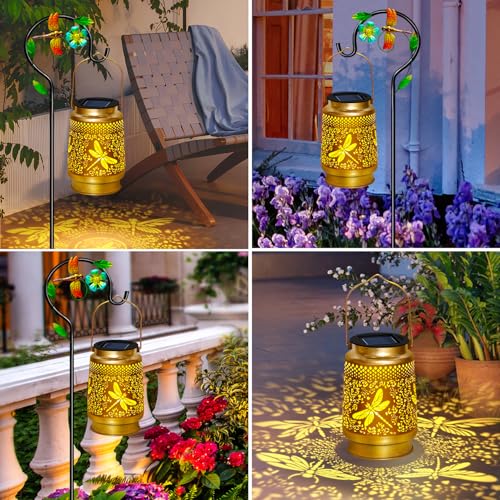 2 Packs Dragonfly Solar Lanterns Outdoor Waterproof with Shepherd Hook,Hanging Solar Lights Garden Decor,Christmas Decorations Dragonfly Gift for Women Grandma,Metal Decorative Lanterns for Yard,Patio - style: 2 packs solar dragonfly lanterns