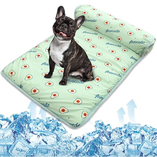 PUMYPOREITY Cooling Dog Bed, Pet Cooling Mat with Pillow, Ice Silk Cooling Dog Blanket, Self Cooling Pad for Cat,Dog, Washable Summer Pet Mat for Kennel, Crates, Sofa, Floor, Green, S - color: Green, size: Small