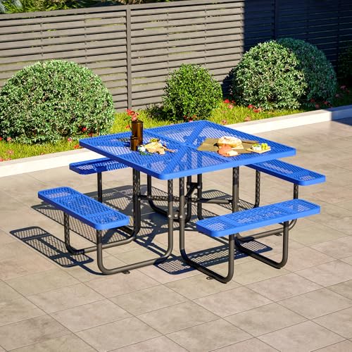 46" Square Metal Picnic Tables for Outdoors with Umbrella Hole - Coated Steel Heavy Duty Commercial Grade Table with Seats, Patio Furniture Set for a Lifetime, Blue - color: Blue-square