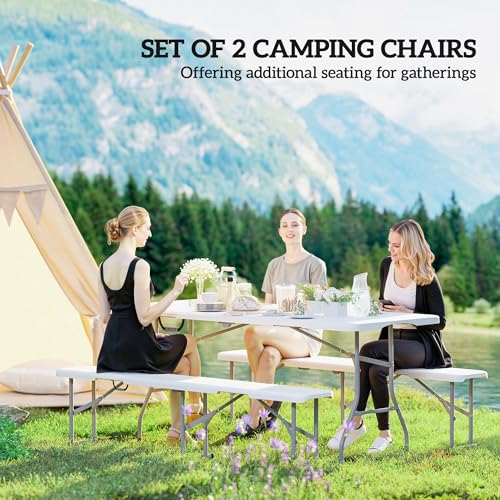 Outsunny 2-Pack 6 Ft. Plastic Folding Benches, Portable Foldable Bench Seats with Carrying Handle, Non-Slip Mat, HDPE Tabletop, Picnic Benches for Camping Dining Picnic BBQ Sports, White - color: White