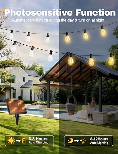 Tenmiro 120FT Solar Outdoor String Lights with Remote and 32+2 LED Shatterproof Bulbs Dimmable & Timing 3 Light Modes Solar Patio String Lights for Cafe, Garden, Deck, Outside Wedding Last for 10+Hrs - size: Solar 120FT