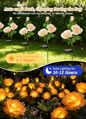 Brightown Outdoor Solar Flower Lights, 4 Pack Solar Garden Light with Larger & More Realistic Champagne Rose, Bigger Solar Panel, Waterproof Solar Lights Outdoor for Yard Garden Lawn Pathway Decor - color: Champagne Rose