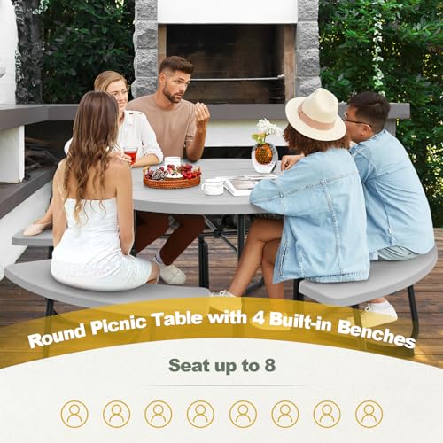 Tangkula 8 Person Picnic Table, Outdoor Round Picnic Table with 4 Built-in Benches, Umbrella Hole, Metal Frame & HDPE Tabletop, Outside Table and Bench Set for Backyard, 2300lbs Weight Capacity - color: Grey