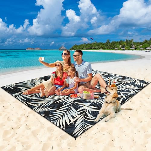 HIHOHO Beach Blanket Waterproof Sandproof Beach Mat 79”x 83” for 1-8 Adults Quick Drying Durable Outdoor Picnic Mat for Beach Festival Travel Camping Hiking (BK&W-Palm, 79"×83"(4 Person)) - color: Bk&w-palm, size: 6'11" x 6'7"