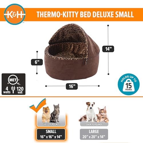 K&H Pet Products Thermo-Kitty Bed Deluxe Heated Cat Bed for Smaller Kitties - Indoor Heated Pet Bed for Dogs & Cats, Covered Cave Pet Tent, Machine Washable, Safety Listed - Small 16in Mocha/Leopard - color: Mocha, size: Small 16 Inches 4 Watts
