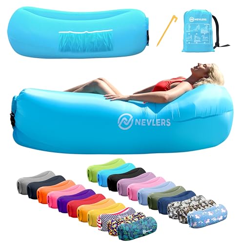 Nevlers Blue Inflatable Couch | 210T Polyester Blow Up Couch | No-Pump Inflatable Sofa | Blow Up Chair w/ 450lbs. Capacity, Pockets & Matching Bag | Compact Lounger for use as Beach Accessories - color: Blue, size: 1 Pack