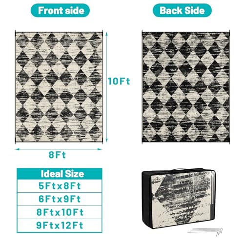 HEBE Checkered Outdoor Rug Waterproof 8x10, Reversible Plastic Straw Rug RV Camping Rug, Indoor Outdoor Patio Mat Clearance, Outside Carpet for Porch, Deck, Camper, Balcony, Backyard, Picnic - color: Beige/Black, size: 8' x 10' (Rectangular)