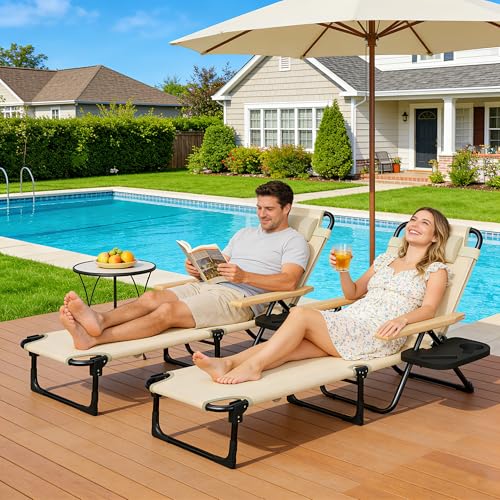 Outdoor Chaise Lounge Chair with 4-Position Adjustable Backrest, Patio Folding Sun Tanning Chair, Pillow & Cup Holder, Portable Recliner Sunbathing Lounger Chairs for Pool Beach Lawn Garden (Beige) - color: Beige