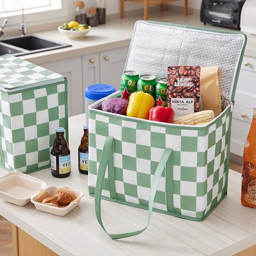Ohocut Checkered Insulated Grocery Bags 2 Pack, Checkerboard Cooler Shopping Bags for Groceries, Insulated Bags for Food Delivery - color: Sage Green