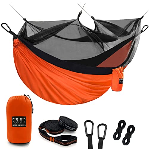 Gold Armour Camping Hammock - Camping Essentials, Double Hammock with Bug Net, Camping Gear Hammock for Outside, Hiking, and Travel (Orange & Black) - color: Orange & Black