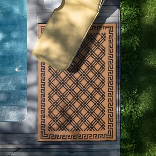 Outdoor Rugs, Outdoor Plastic Straw Rug, Reversible Waterproof Carpet for Camping, Poolside, Garden, BBQ Area, Gazebo Flooring, RV Park & Beach, Classical Style, 5x8 - color: Cross Frame - Black & Brown, size: 5' x 8'