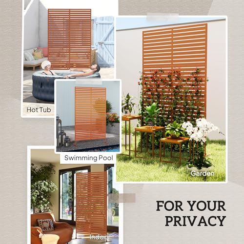Outsunny Metal Outdoor Privacy Screen, 78" H x 48" W Decorative Privacy Fence Screen, Freestanding Outdoor Divider with Stand, Climbing Plant Trellis for Garden Walkway, Balcony, Patio, Striped Brown - color: Brown/Striped