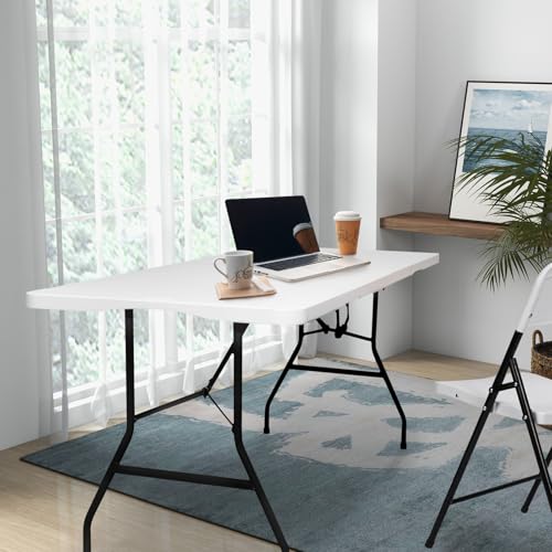 pollilar 6FT Folding Table Plastic 6 Foot Foldable Table HDPE Portable Banquet Surface Fold-in-Half Desk Utility for Working Meeting,Parties, Picnic, Camping, Weddings, Catering, Garden Dining-White - color: White