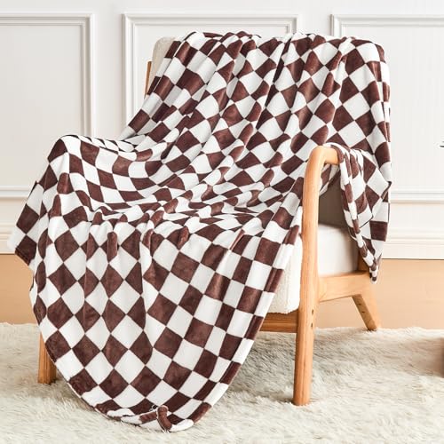 Edenleaf Brown Checkered Blanket, Ultra Soft Cozy Flannel - Checkered Grid Print Throws for Bed Sofa Couch, Luxury Throw Blanket for All Seasons, 50x60 Inch, Brown - color: 01 Brown, size: Throw-50"x60"