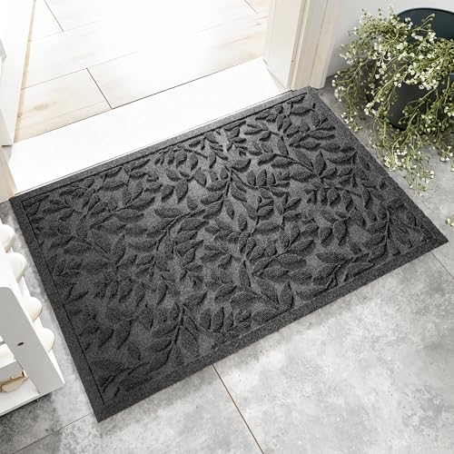 Grey Leaves Outdoor Indoor Entrance Doormats, Absorbent Durable Heavy Duty Welcome Front Door Mat,Thick Natural Rubber Back,Easy Clean Entryway Mat 23x35 Inch, Low Profile - color: Leaves-grey, size: 1'11" x 2'11" (Rectangular)
