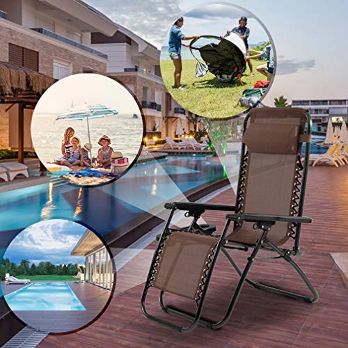 Zero Gravity Chairs Set of 2 with Pillow and Cup Holder Patio Outdoor Adjustable Dining Reclining Folding Chairs for Deck Patio Beach Yard (Brown) - color: Brown