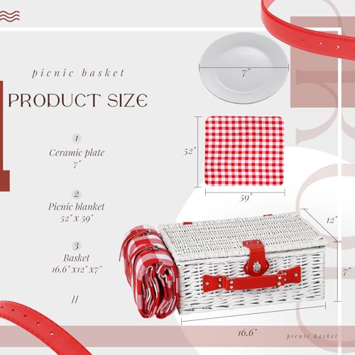 Picnic Baskets Wicker Willow Picnic Set for 4 Persons with Insulated Cooler Bag and Waterproof White Red Picnic Blanket Gift for Christmas Thanksgiving Wedding Birthday Camp Outdoor Beach Travel - color: White & Red
