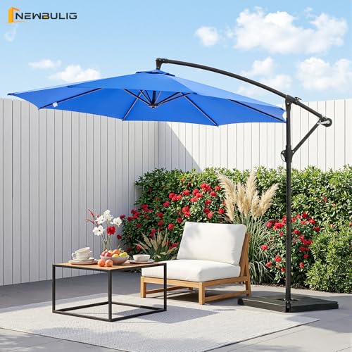 NEWBULIG 10FT Patio Umbrella, Offset Cantilever Outdoor Patio Table Umbrella, UV Protection, Fade Resistant Fabric, Easy Tilt Adjustment for Pool, Deck, Garden, Backyard - color: Dark Blue, size: 10FT-with 4 Bases