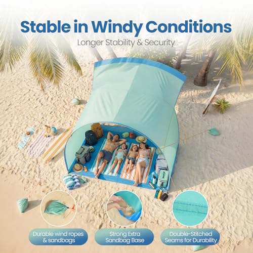 Beach Shelter, Wind-Powered Beach Tent Sun Shelter with UPF50+ UV Protection, Lightweight & Portable Easy Setup Beach Canopy Sun Shade Tent for Family Outdoor Beach Camping & Picnic - color: Ocean Blue & Fresh Green