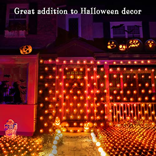 BlcTec Halloween Net Lights 360 LED 9.8ft x 6.6 Orange Halloween Lights with 8 Modes, Timer, Connectable, Waterproof & Dark Green Wire Design for Lawn, Porch, Shrub, Bushes Outdoor Holiday Decorations - color: Orange, size: 360LED