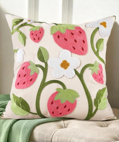 Embroidered Throw Pillow Cover 18x18 Inch - Spring Summer Boho Decorative Pillow Cover with Zipper for Living Room Couch Sofa Bed Aesthetic Design Branch Strawberry Cushion Pillowcase - color: Branch-strawberry, size: 18" x 18" (Pack of 1)